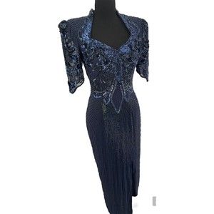 Vtg Alyce Flapper Art Deco 100% silk Navy beaded Pageant gown, Open Back Size 4